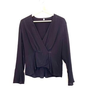 Lilysilk 100% Silk V-neck Faux Wrap Low-High Pullover Blouse. Black. Large